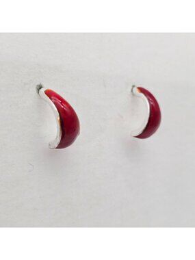 1980s Red & Silver Crescent Shaped Post Earrings With Polished Finish Signed KC